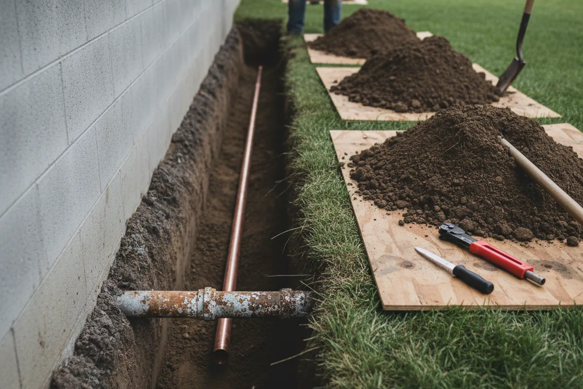 Excavated water line trench during Water Heater Repair in Joshua